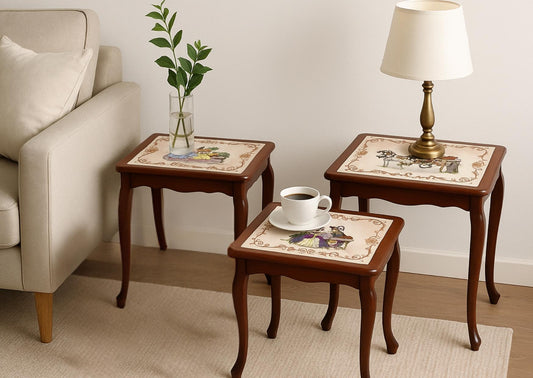 Rococo Nesting Tables: Hand-Painted Ceramic Tiles, 1960s Swedish Design with vintage Scandinavian decor elements
