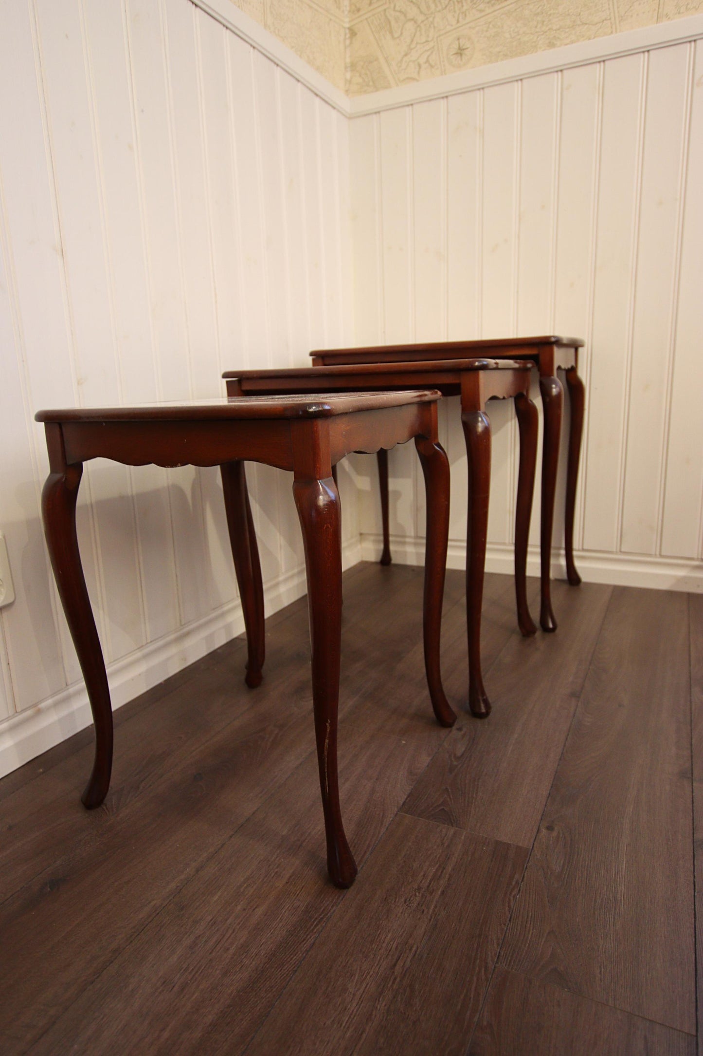 Rococo Nesting Tables: Hand-Painted Ceramic Tiles, 1960s Swedish Design with elegant curved wooden legs.