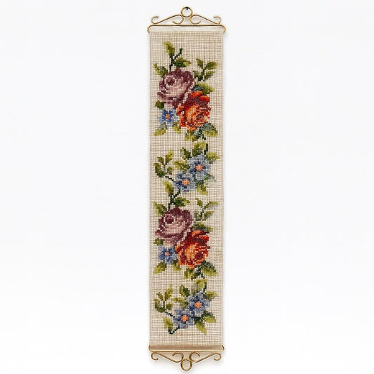 Vintage Scandinavian Embroidered Floral Wall Hanging - 1960s Retro Decor featuring colorful stitched roses and leaves on linen fabric