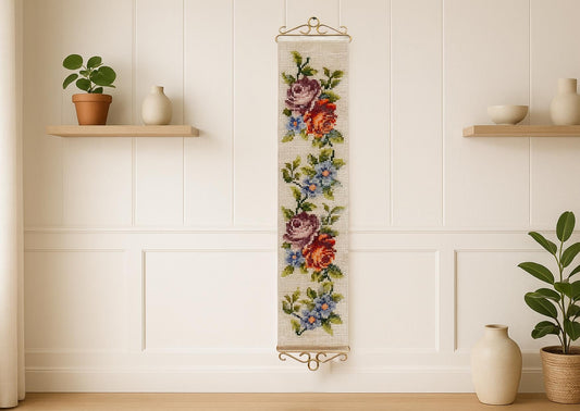 Vintage Scandinavian Embroidered Floral Wall Hanging - 1960s Retro Decor with colorful flowers on beige fabric hanging on wall