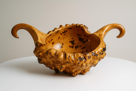 Hand Carved Root Wood Bowl: Organic Wabi-Sabi Scandinavian Decor with a natural textured surface and curved handles