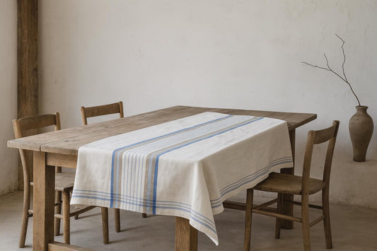 Vintage Swedish linen tablecloth with blue and beige center stripes