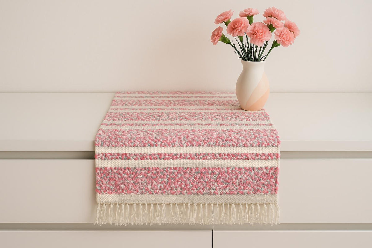 Handwoven Swedish Table Runner: Pink & White Scandi Boho Rug