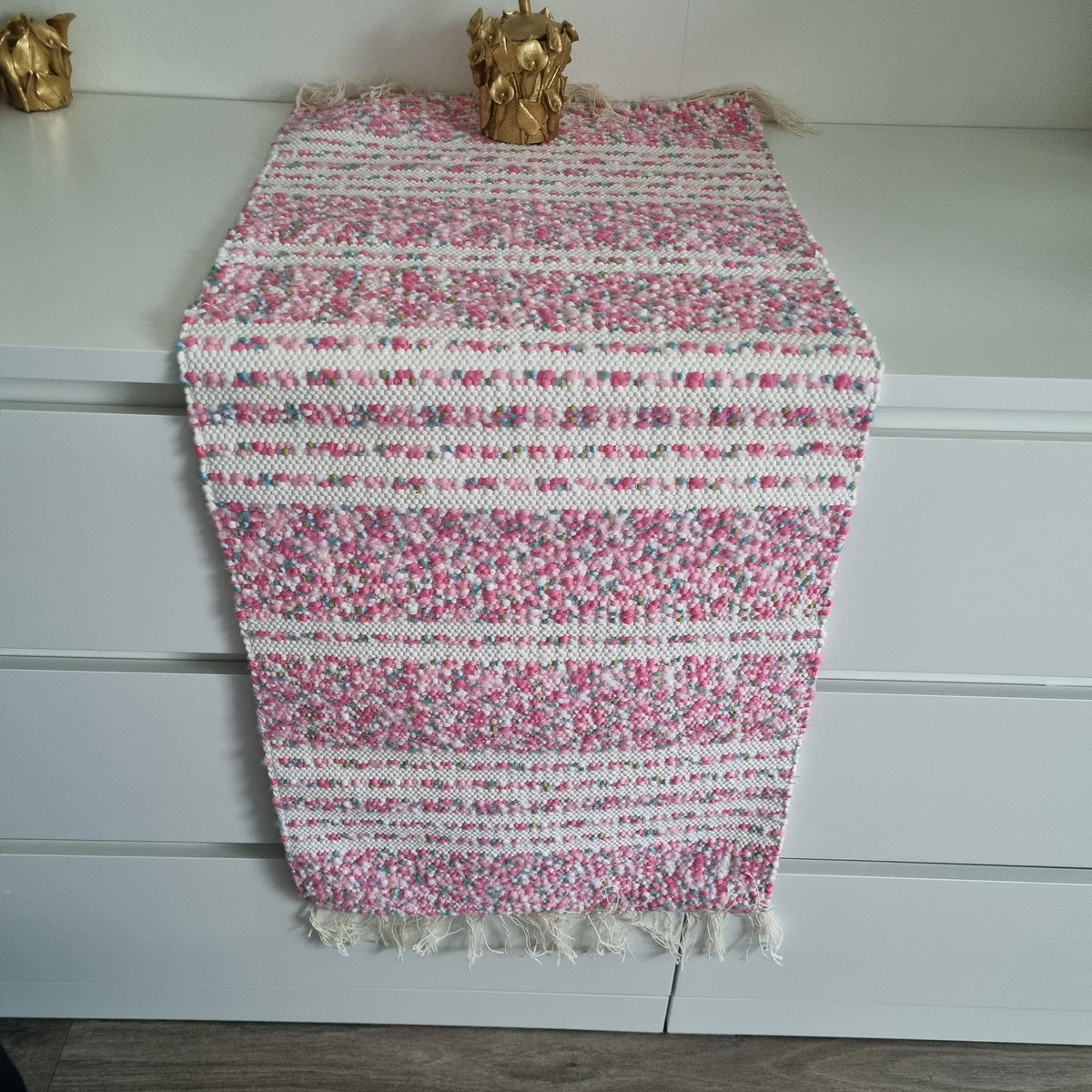 Handwoven Swedish Table Runner: Pink & White Scandi Boho Rug