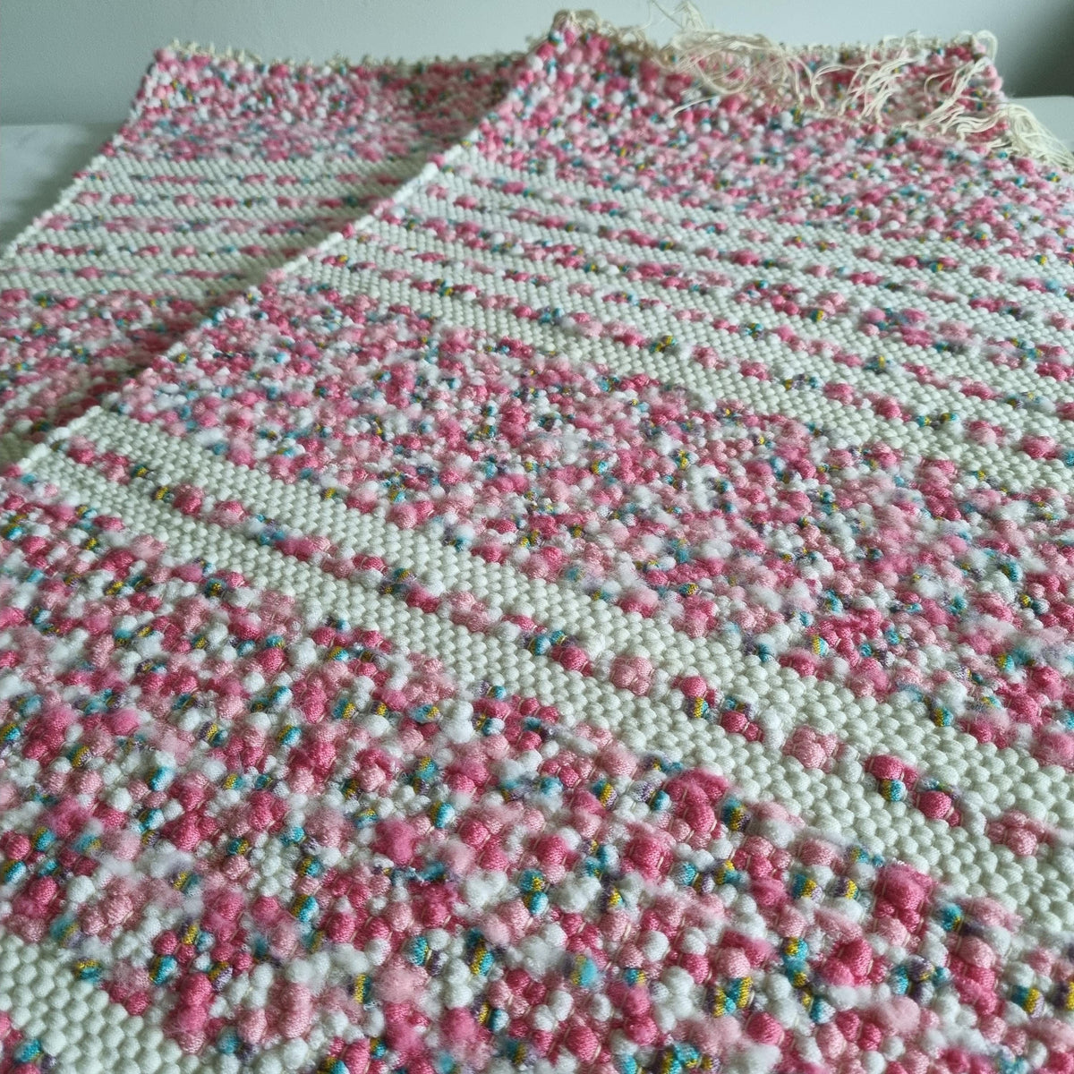 Handwoven Swedish Table Runner: Pink & White Scandi Boho Rug