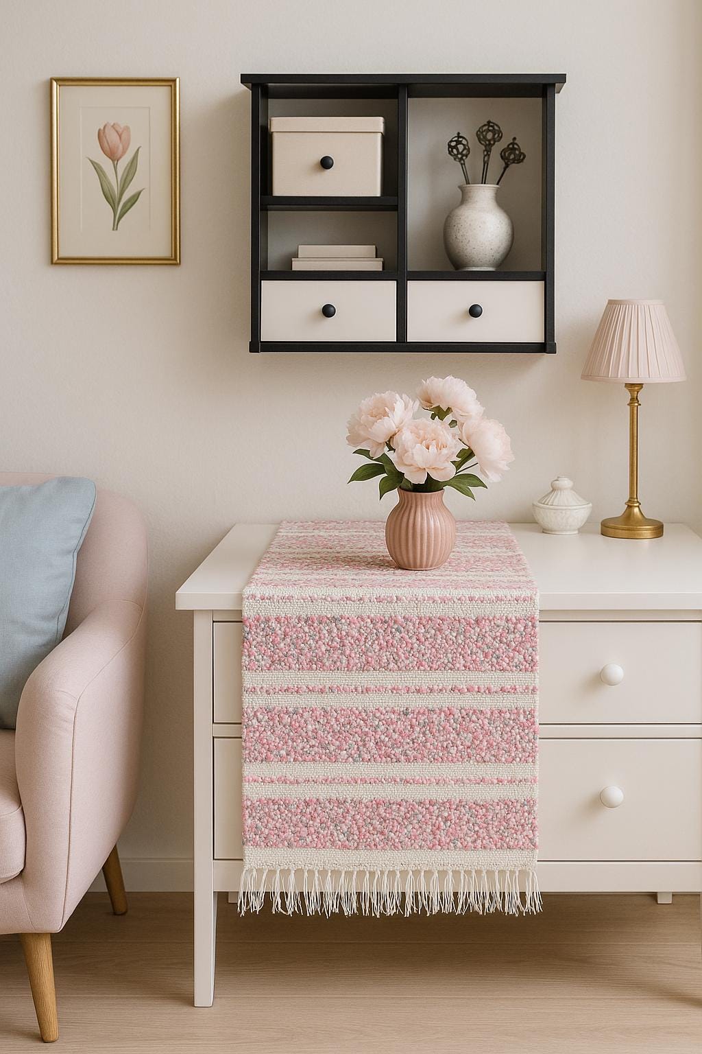 Handwoven Swedish Table Runner: Pink & White Scandi Boho Rug