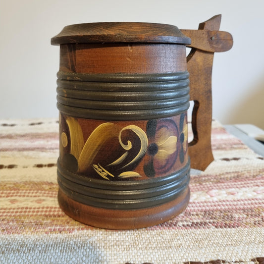Vintage Hand Painted Rosemåling Mug: Swedish Folk Art Wooden Beer Stein with floral folk art and carved handle.