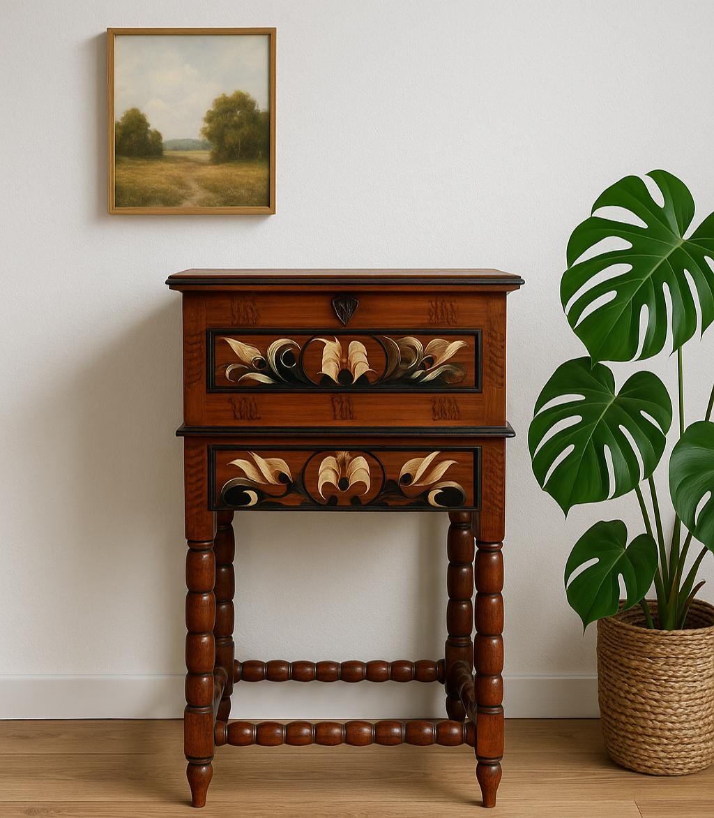 Vintage Kurbitsmaleri Sewing Chest: Swedish Dalarna Folk Art, 1944 with ornate wooden legs and floral painting details