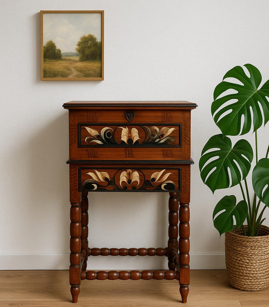 Vintage Kurbitsmaleri Sewing Chest: Swedish Dalarna Folk Art, 1944 with ornate wooden legs and floral painting details