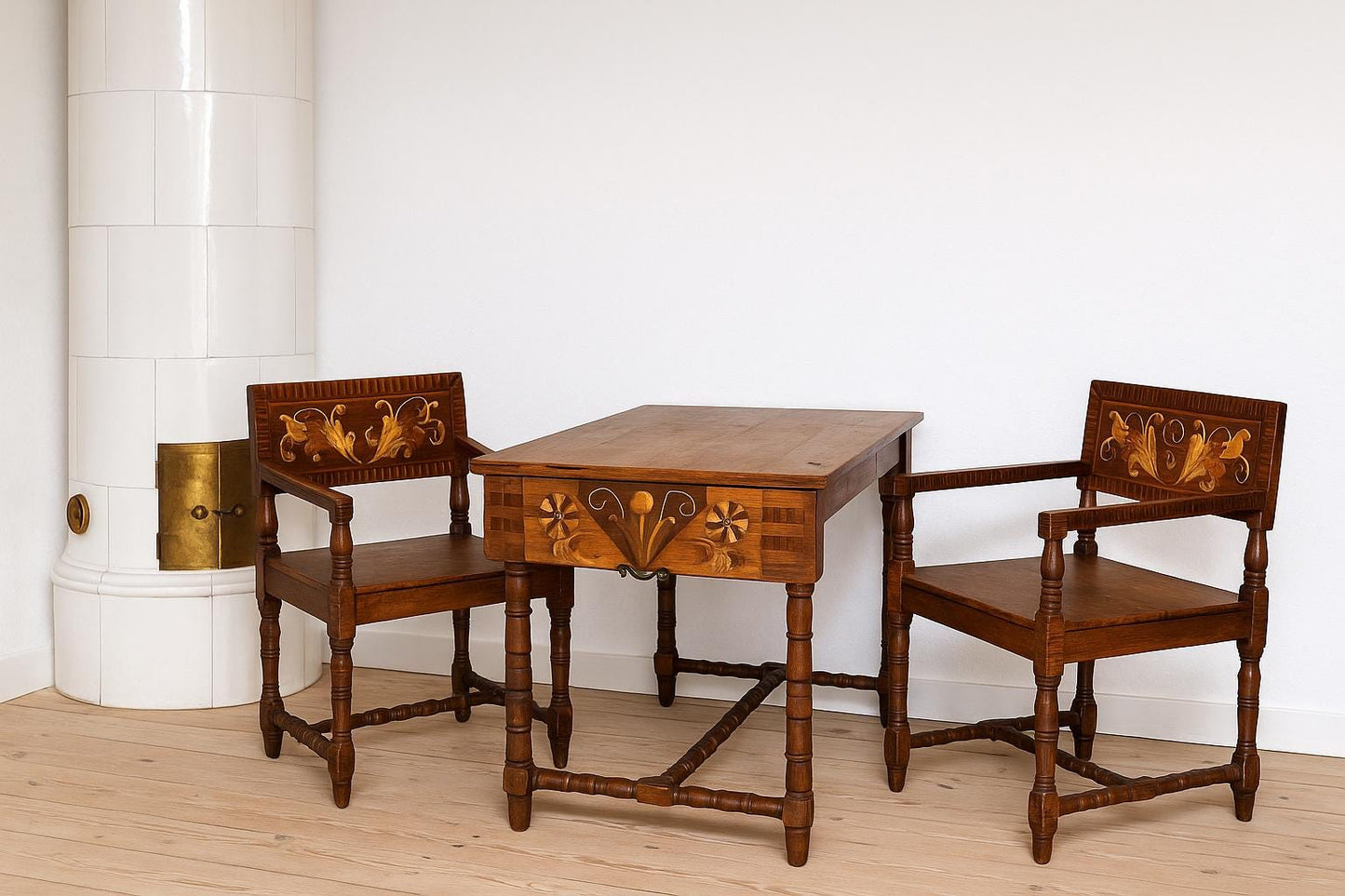 Antique Swedish Drop-Leaf Dining Set: Hand-Painted Kurbits Folk Art, Circa 1900 with floral wood inlay and turned legs.