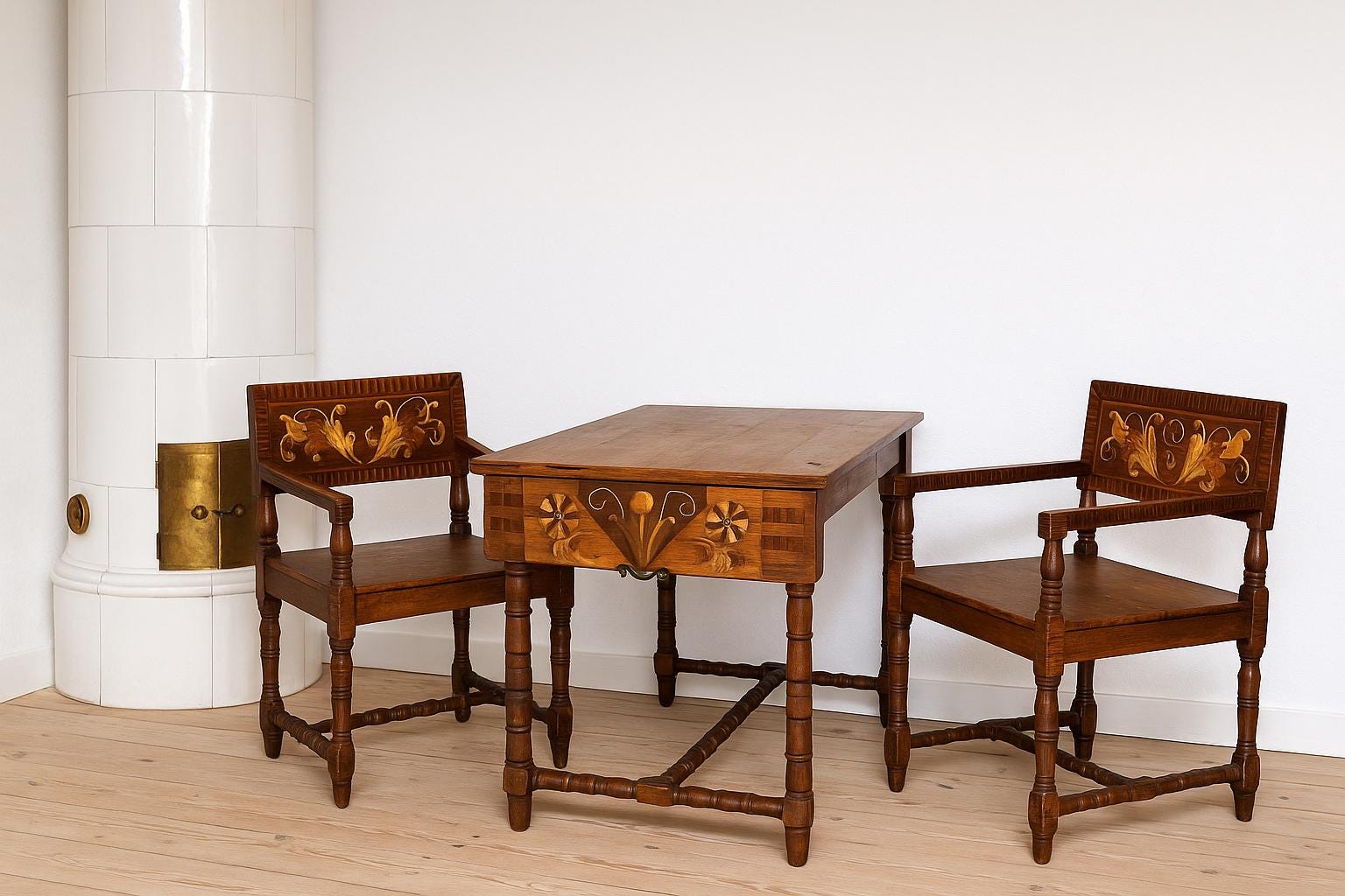 Antique Swedish Drop-Leaf Dining Set: Hand-Painted Kurbits Folk Art, Circa 1900 with floral wood inlay and turned legs.