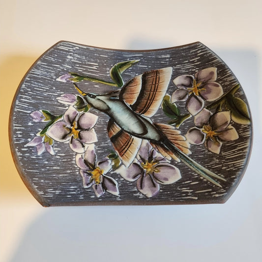 Allingsås Swedish Ceramic Plate – Hand-Painted Bird & Floral, Mid-Century with purple flowers on textured gray background