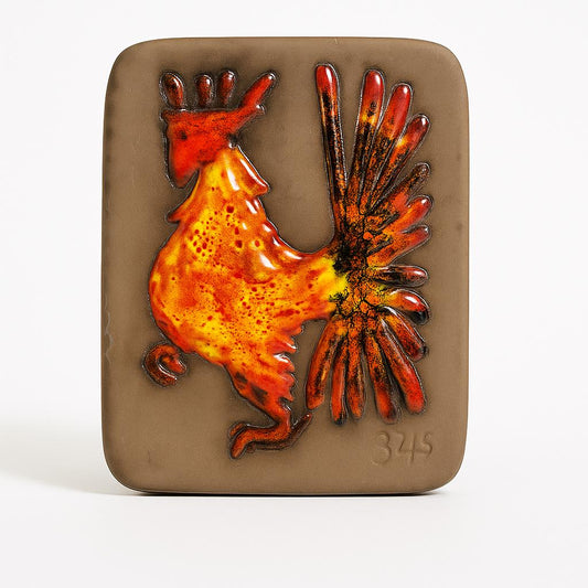 Vintage Swedish Ceramic Wall Plaque: Hälsingborg Deco Fiery Rooster, 1960s Scandinavian Pottery vibrant mid-century wall art panel