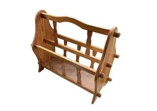 Vintage Pine Wood Magazine Holder: Scandinavian Rustic Book & Record Rack with natural wood finish and decorative carved details