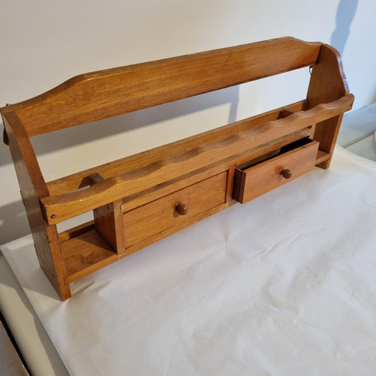 Vintage Pine Wall Shelf: Rustic Farmhouse Kitchen Decor with two small drawers and a natural wood finish.
