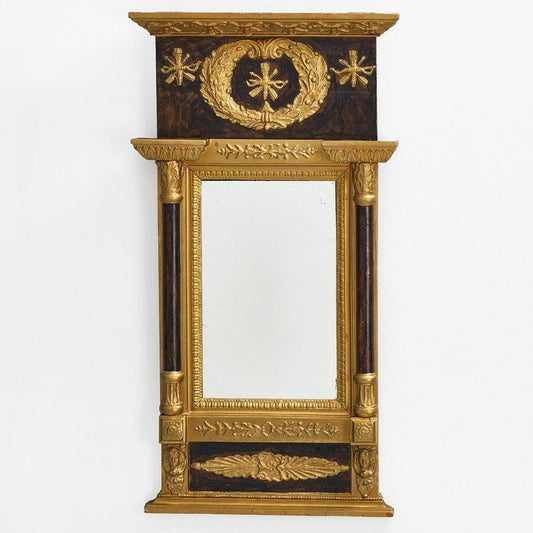 Regal Swedish Empire Mirror - Exquisite Neoclassical Accent - Vintage Gilded Wall Decor with gold detailing and dark wood elements