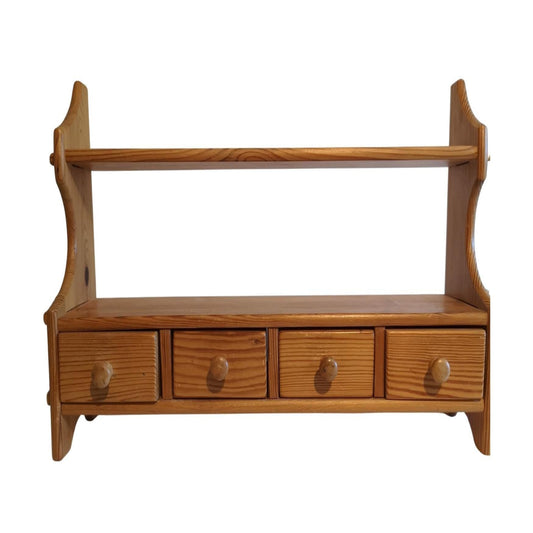 Vintage Pine Wall Shelf: Rustic Scandinavian Kitchen Decor with four drawers and natural pine wood finish