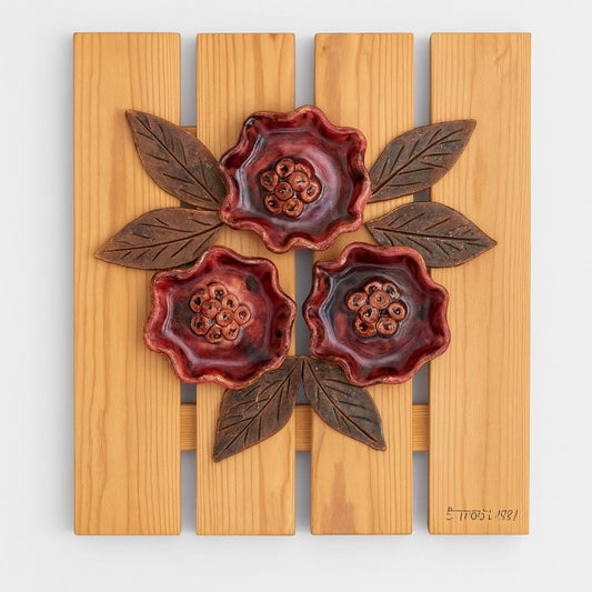 Swedish Wall Hanging Ceramic and Wood Floral Art – Signed Vintage Home Decor with red flowers and carved wood leaves.