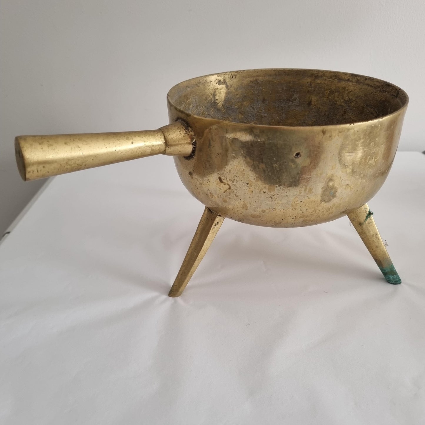 Antique Swedish Bronze Cauldron: Rustic Farmhouse Decor, Three-Legged Pot with handle and aged bronze finish