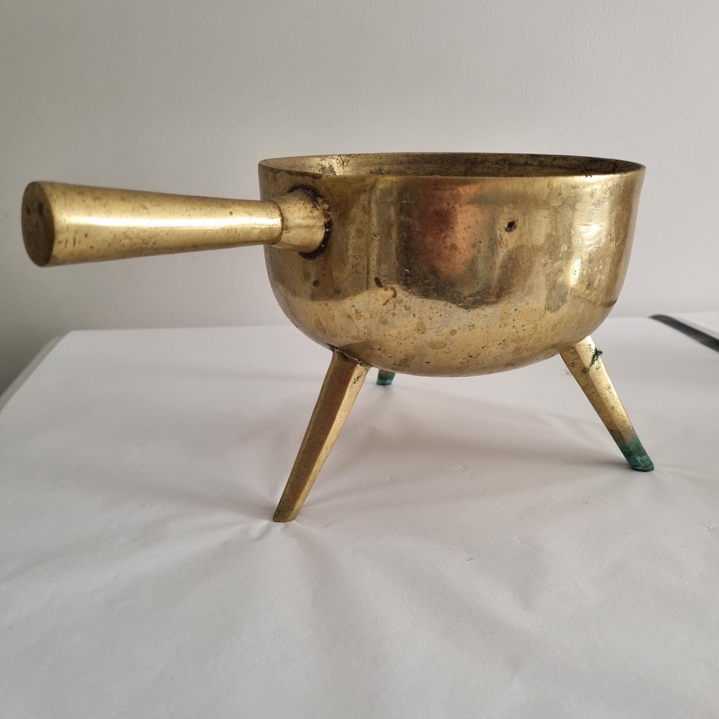 Antique Swedish Bronze Cauldron: Rustic Farmhouse Decor, Three-Legged Pot with handle and patina on legs