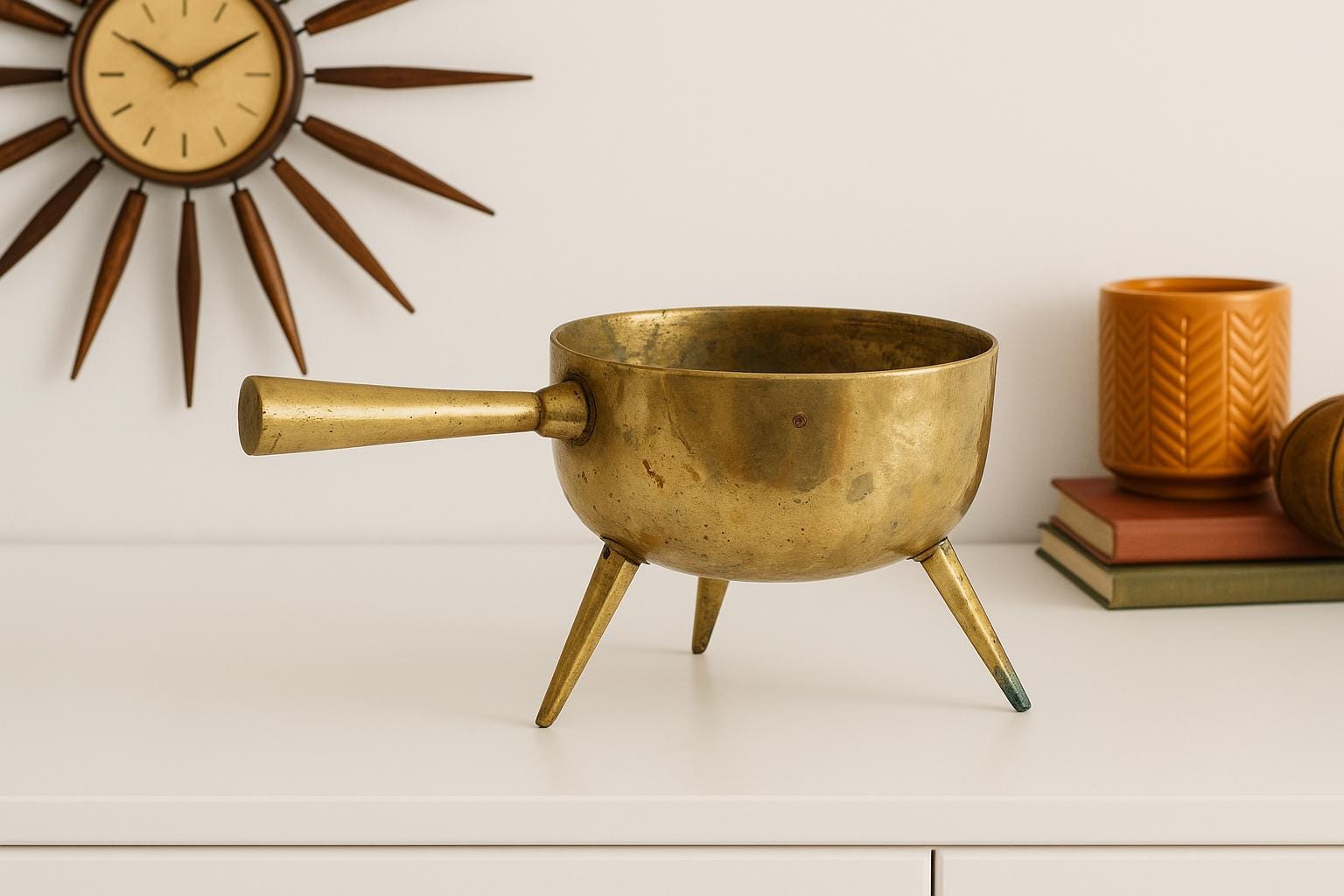 Antique Swedish Bronze Cauldron: Rustic Farmhouse Decor, Three-Legged Pot displayed on white surface with clock and books