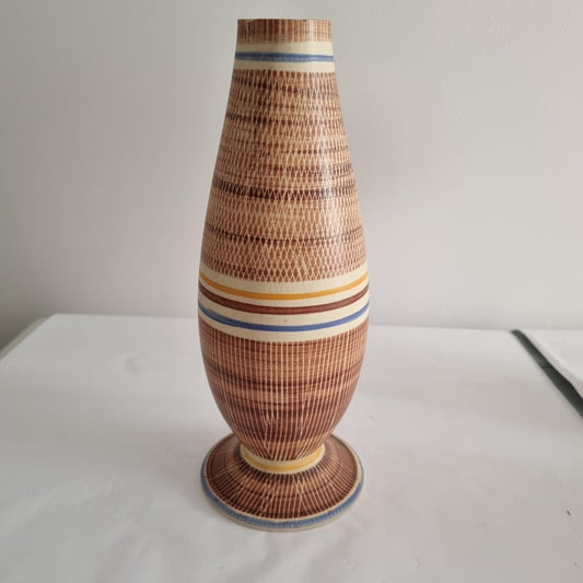 Retro Studio Pottery Vase – Scandinavian Ceramic, 26 cm with geometric patterns and earth-toned stripes on white surface