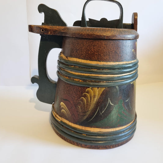 Vintage Hand-Painted Rosemåling Mug: Swedish Folk Art Wooden Tankard with intricate floral patterns and carved handle