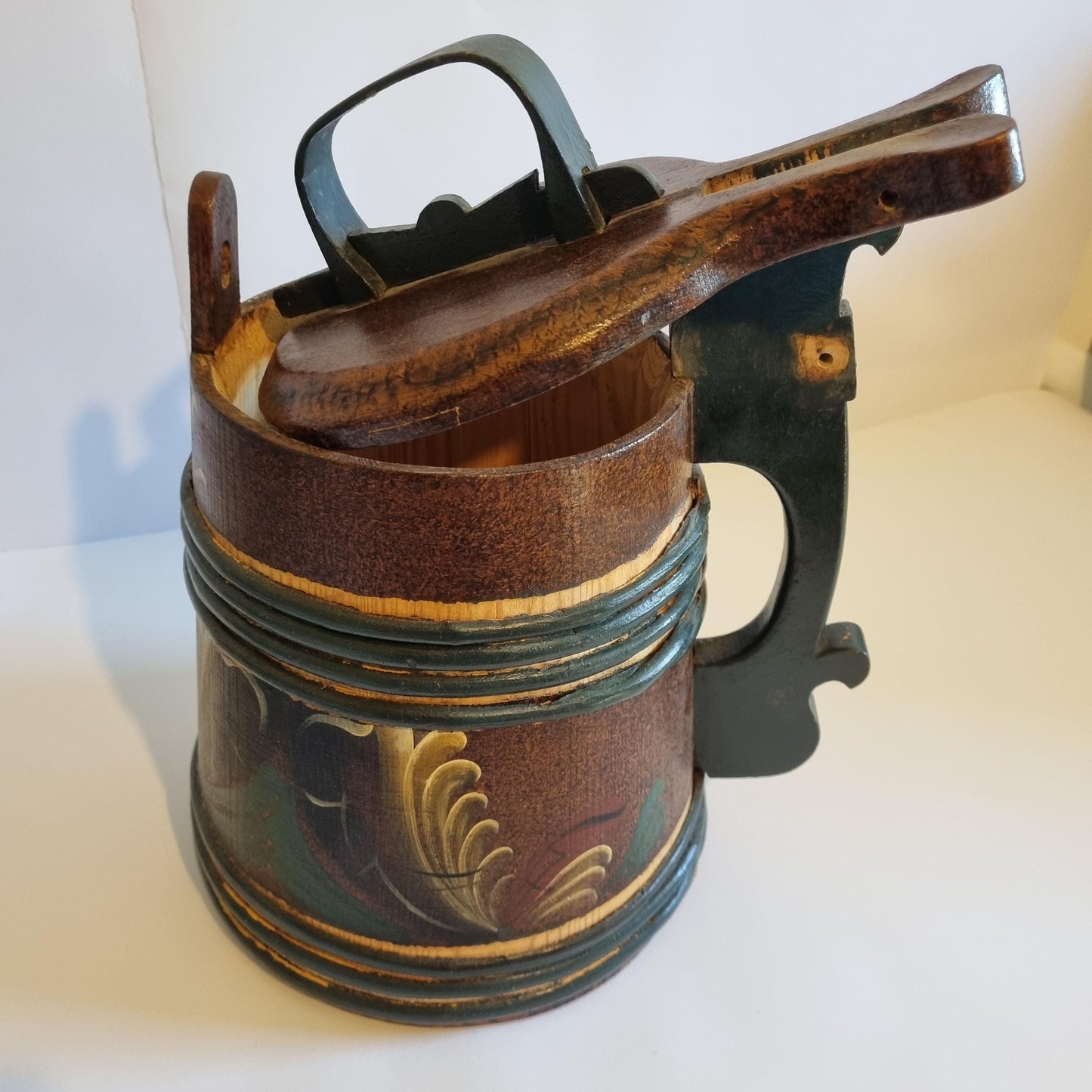 Vintage Hand-Painted Rosemåling Mug: Swedish Folk Art Wooden Tankard with hinged lid and detailed floral design