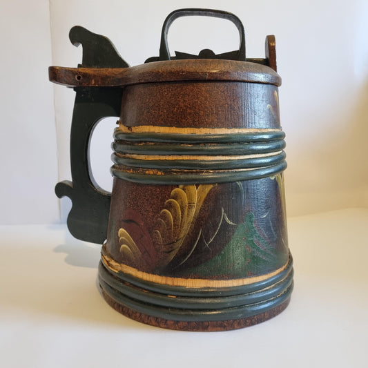 Vintage Hand-Painted Rosemåling Mug: Swedish Folk Art Wooden Tankard with decorative floral and leaf motifs.