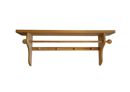 Rustic Pine Wall Shelf with Peg Hooks & Towel Bar - Farmhouse Kitchen Organizer in natural wood finish