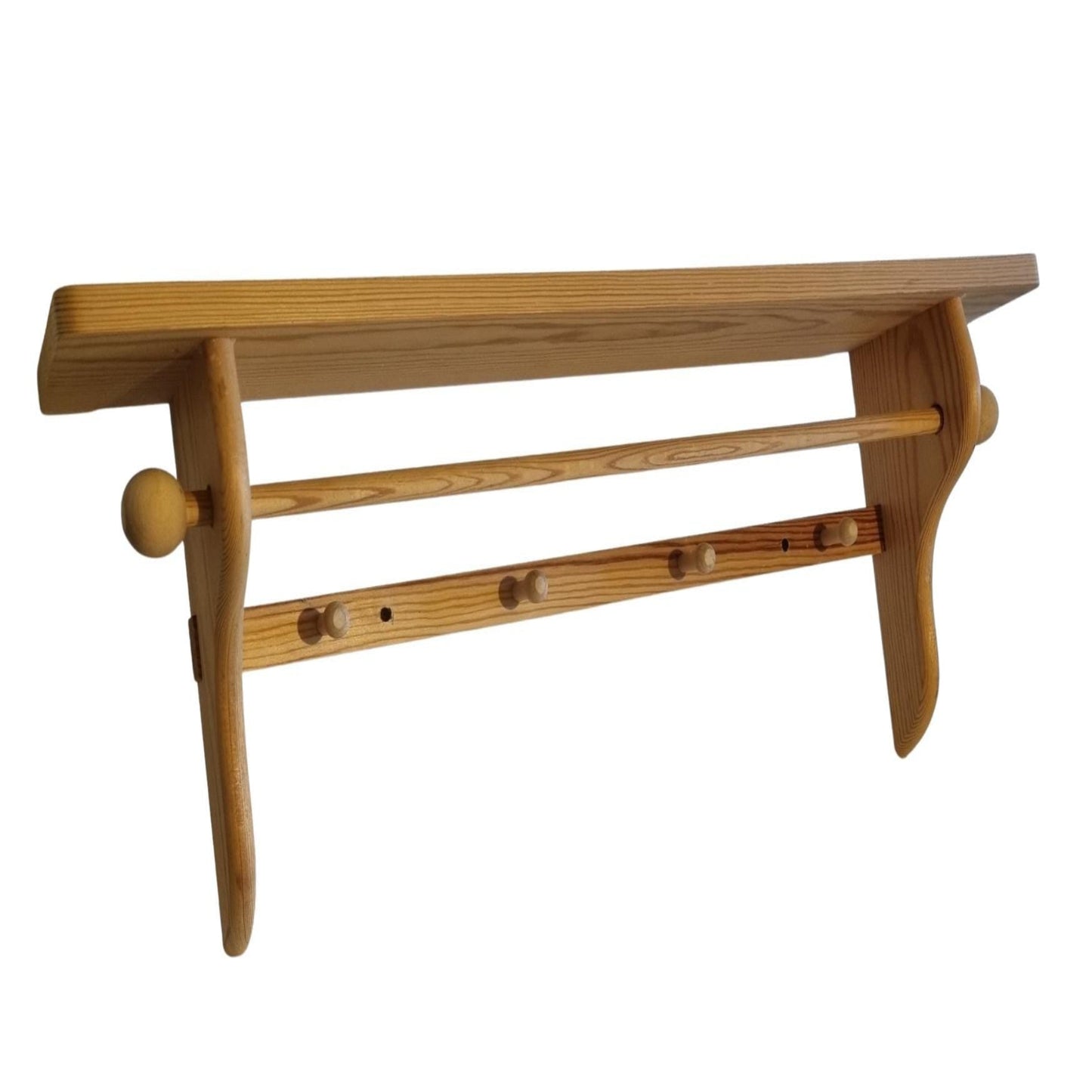 Rustic Pine Wall Shelf with Peg Hooks & Towel Bar - Farmhouse Kitchen Organizer in natural wood finish