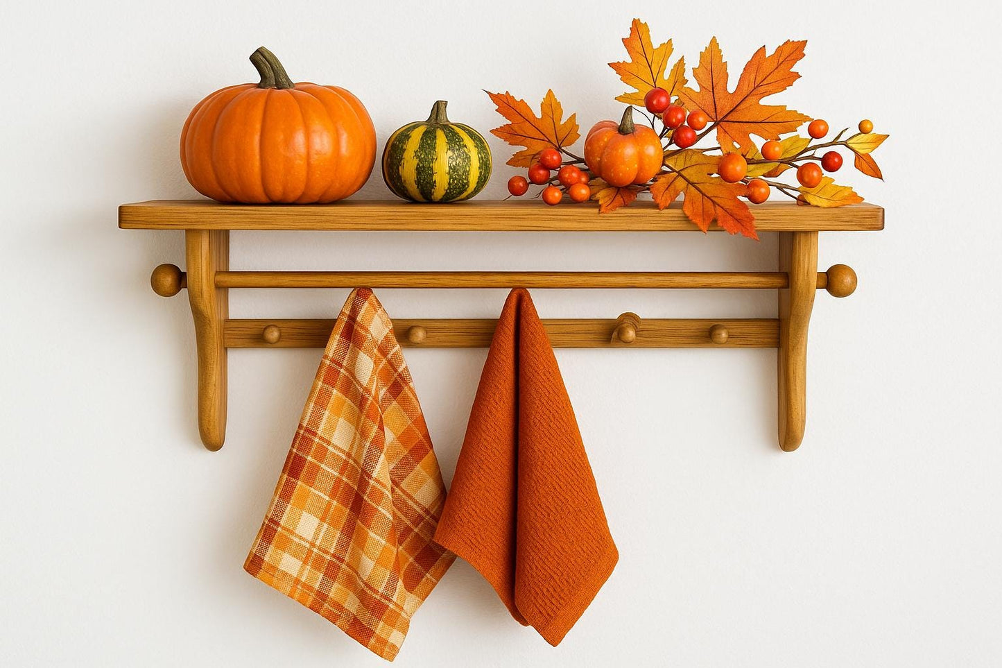 Rustic Pine Wall Shelf with Peg Hooks & Towel Bar - Farmhouse Kitchen Organizer with autumn decor and hanging towels