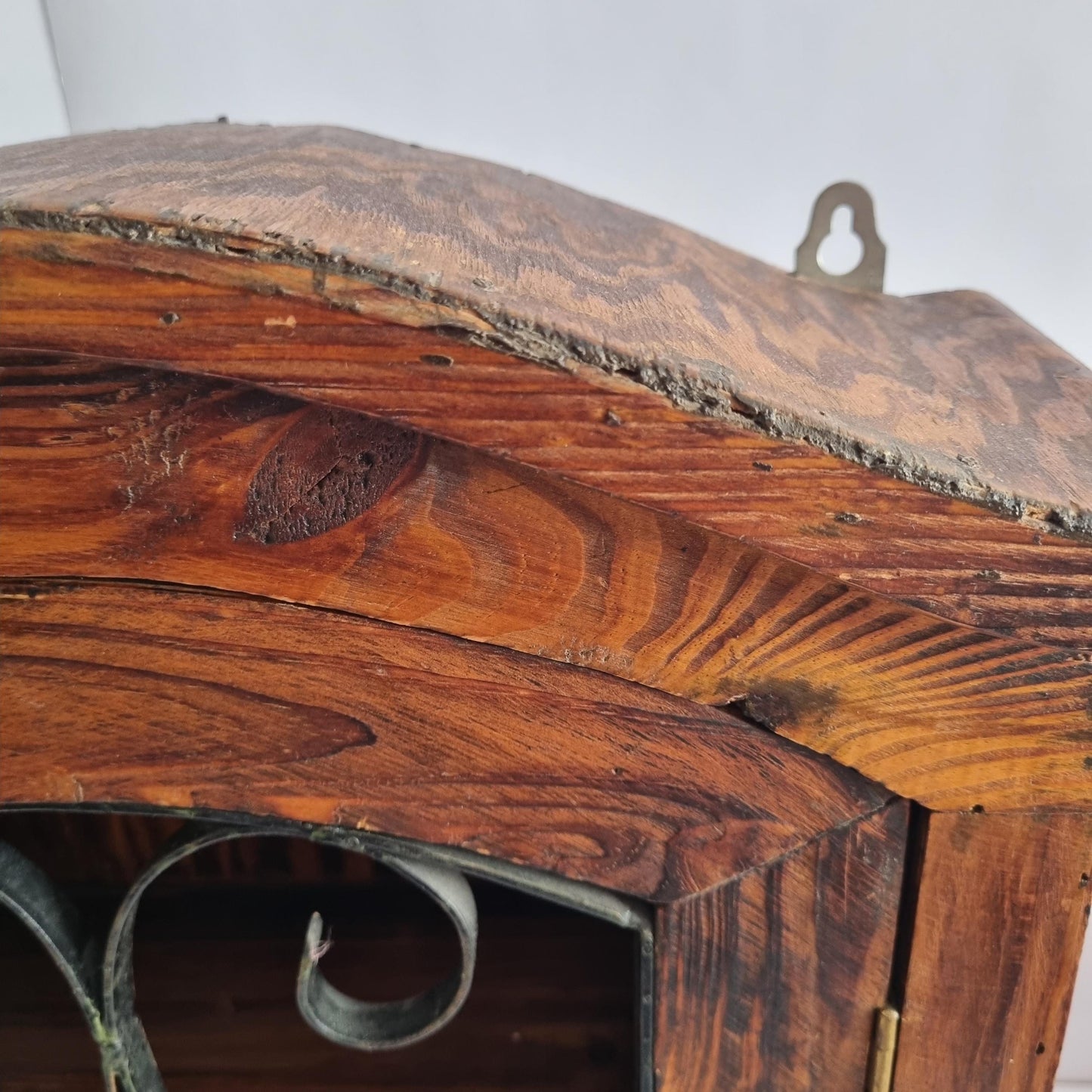 Antique Rustic Wood Wall Cabinet with Iron Door: Farmhouse Kitchen Storage showing detailed wood grain and iron scrollwork door design