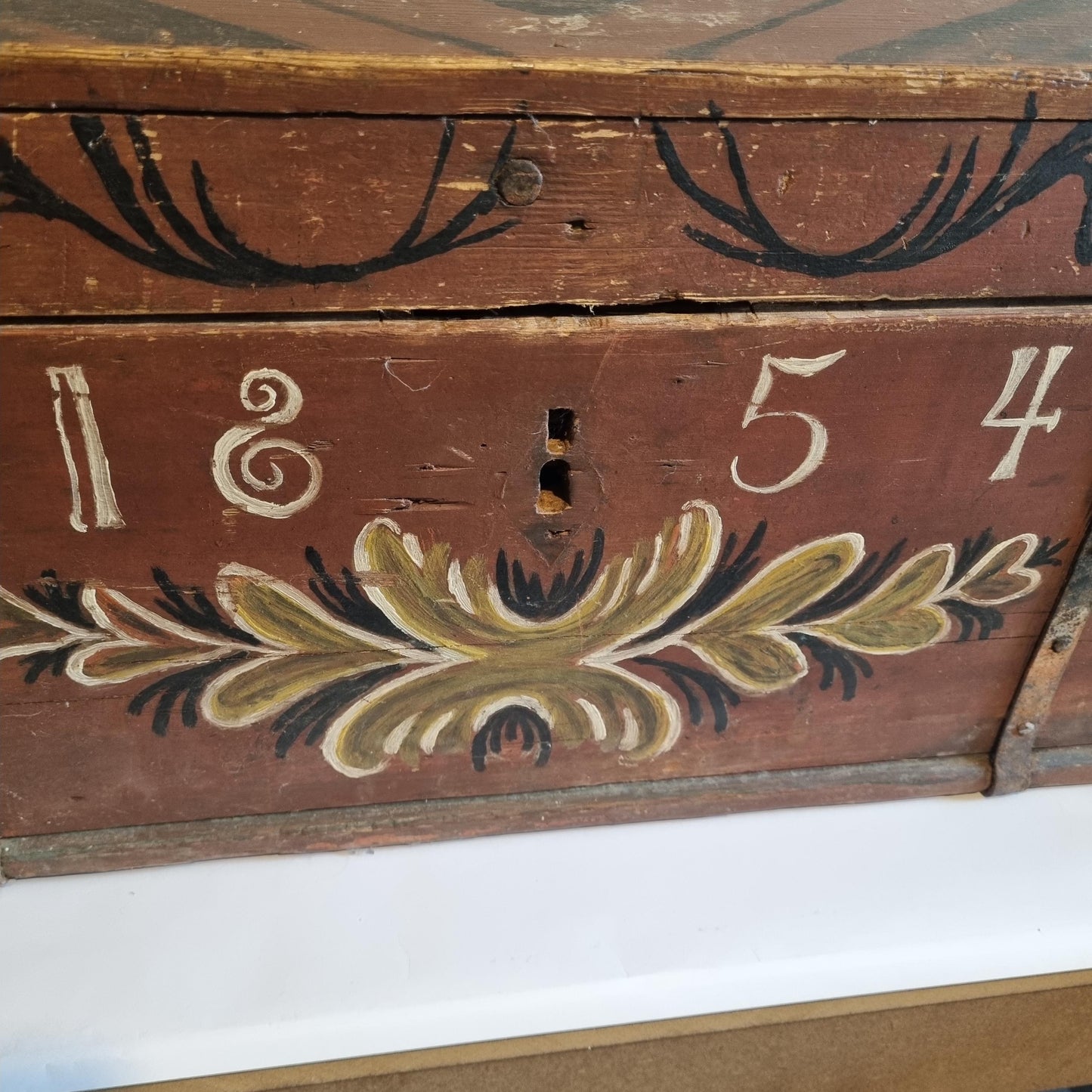 Antique Swedish Kurbits Chest: 1854 Dalarna Folk Art Painted Trunk with floral and numeral decoration close-up