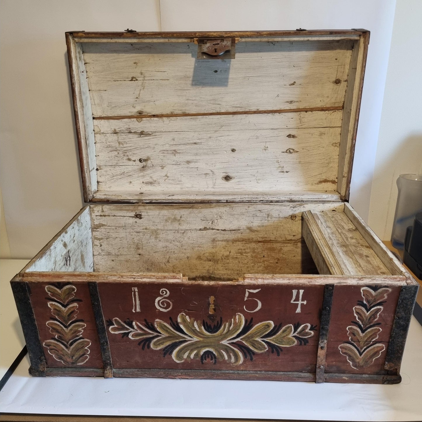 Antique Swedish Kurbits Chest: 1854 Dalarna Folk Art Painted Trunk with floral folk art and open lid showing interior wood panels