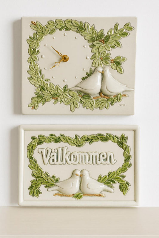 Vintage Jie Gantofta Ceramic Wall Plaques - Aimo Nietosvuori Floral Design - Set of 2 with birds and greenery