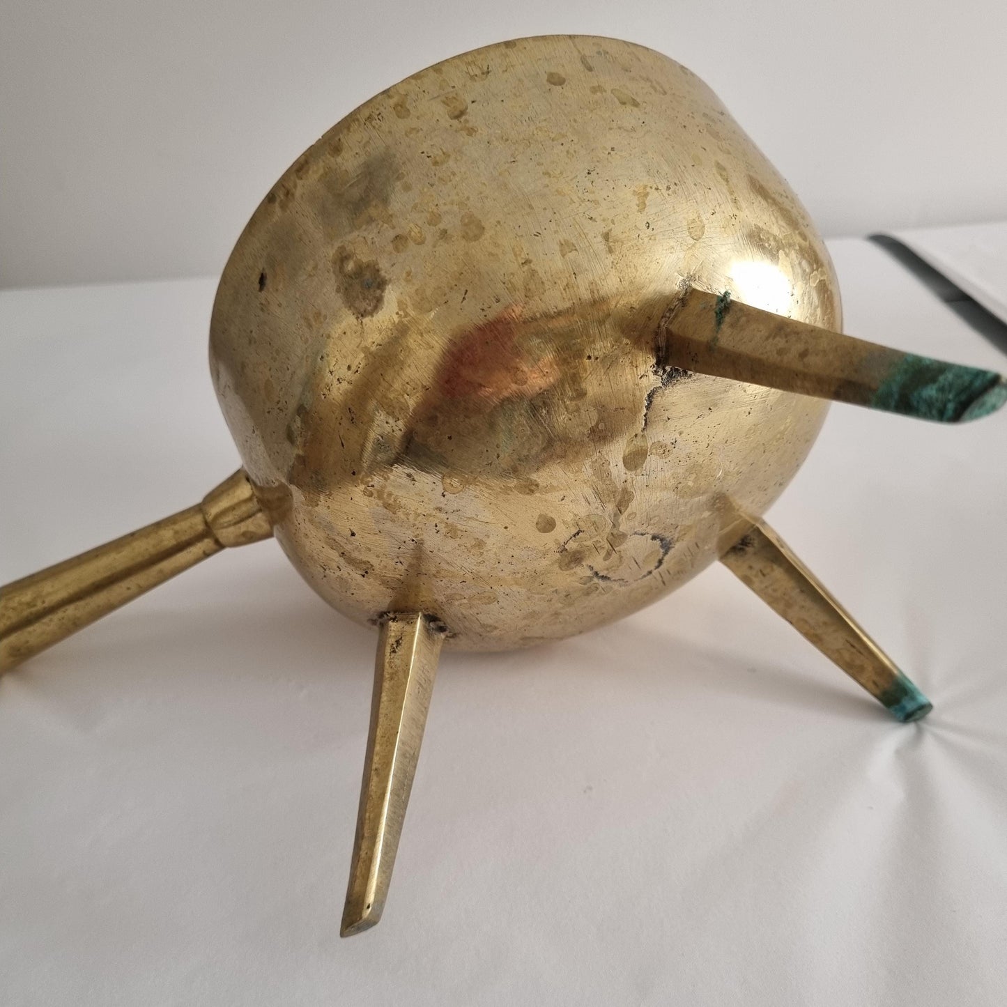 Antique Swedish Bronze Cauldron: Rustic Farmhouse Decor, Three-Legged Pot with patina on brass surface and legs