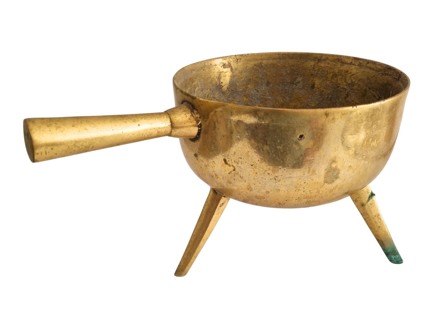 Antique Swedish Bronze Cauldron: Rustic Farmhouse Decor, Three-Legged Pot with handle and aged patina finish