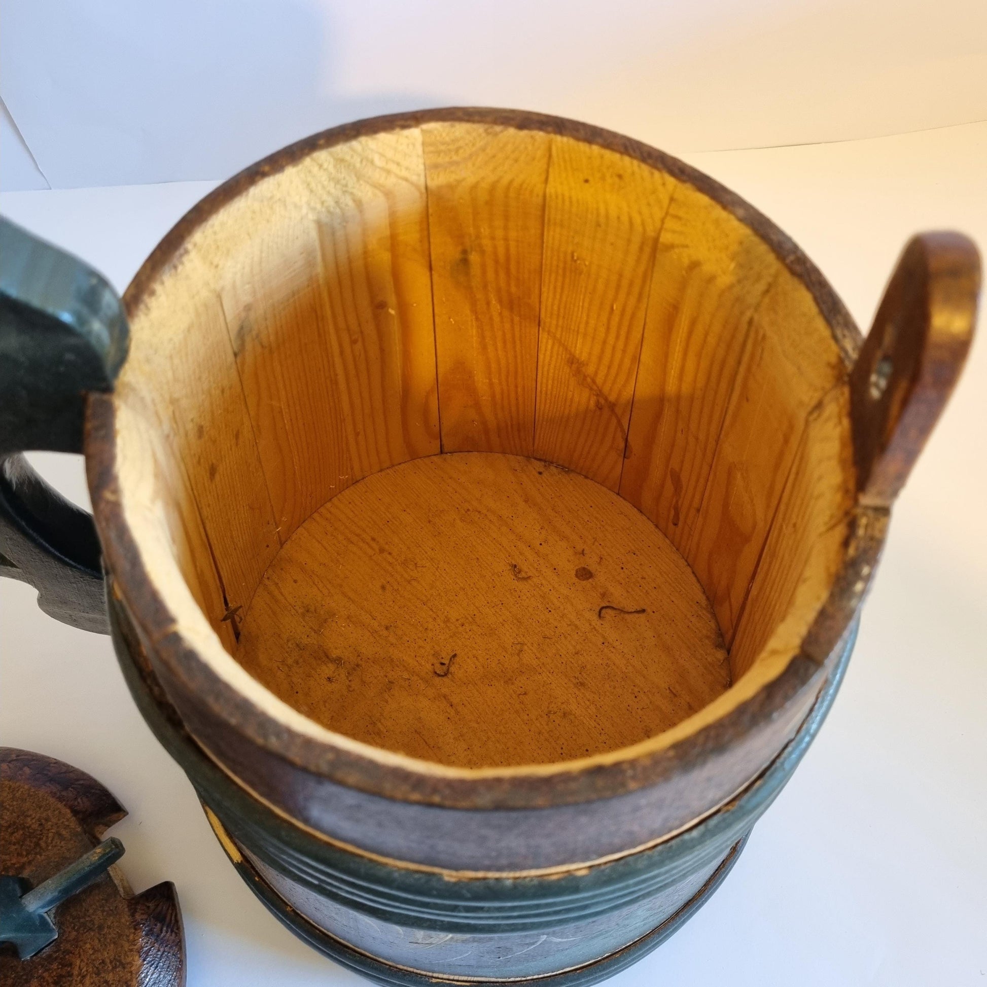 Vintage Hand-Painted Rosemåling Mug: Swedish Folk Art Wooden Tankard showing detailed wood interior and painted exterior.
