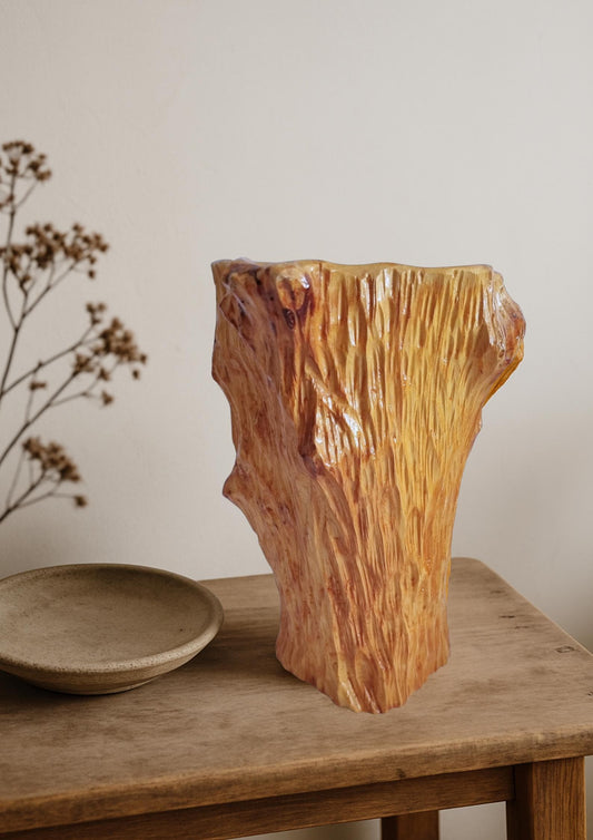 Vintage Naturalistic Burl Wood Free Form Sculptural Modern Vase, Wabi Sabi- Japandi decor on wooden table with dried flowers