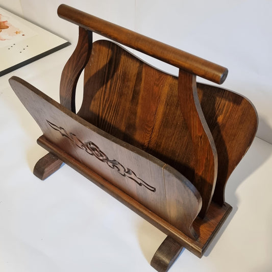 Vintage Floral Carved Wood Magazine Rack - Mid-Century Scandinavian Decor with elegant floral details and warm wood finish.