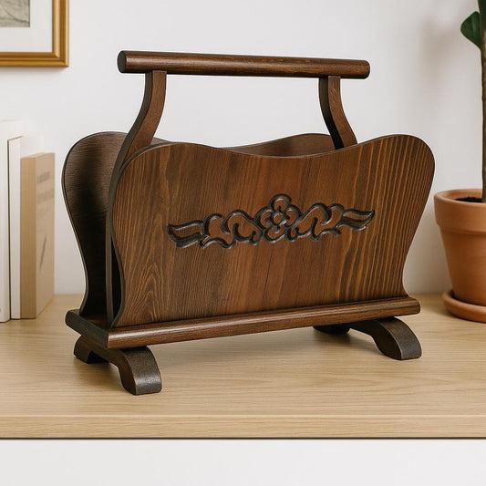 Vintage Floral Carved Wood Magazine Rack - Mid-Century Scandinavian Decor with detailed floral carving and smooth wooden finish