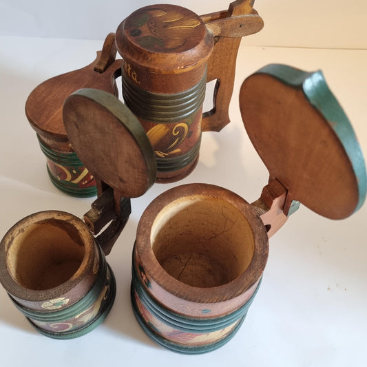 Vintage Kurbits Painted Wooden Tankard Set 4 – Hand-Painted Scandinavian Folk Art Decor Mugs