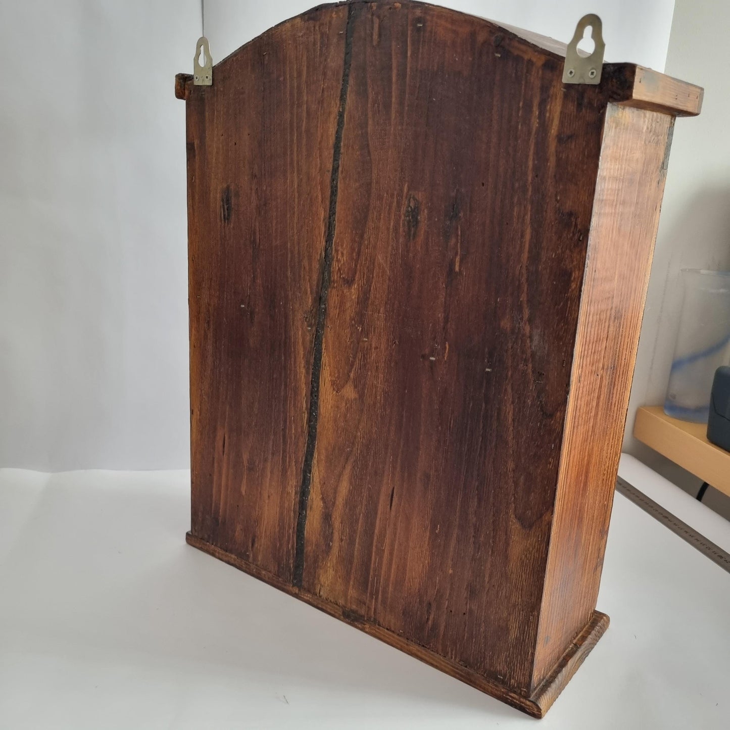 Antique Rustic Wood Wall Cabinet with Iron Door: Farmhouse Kitchen Storage showing the cabinet back and hanging hooks