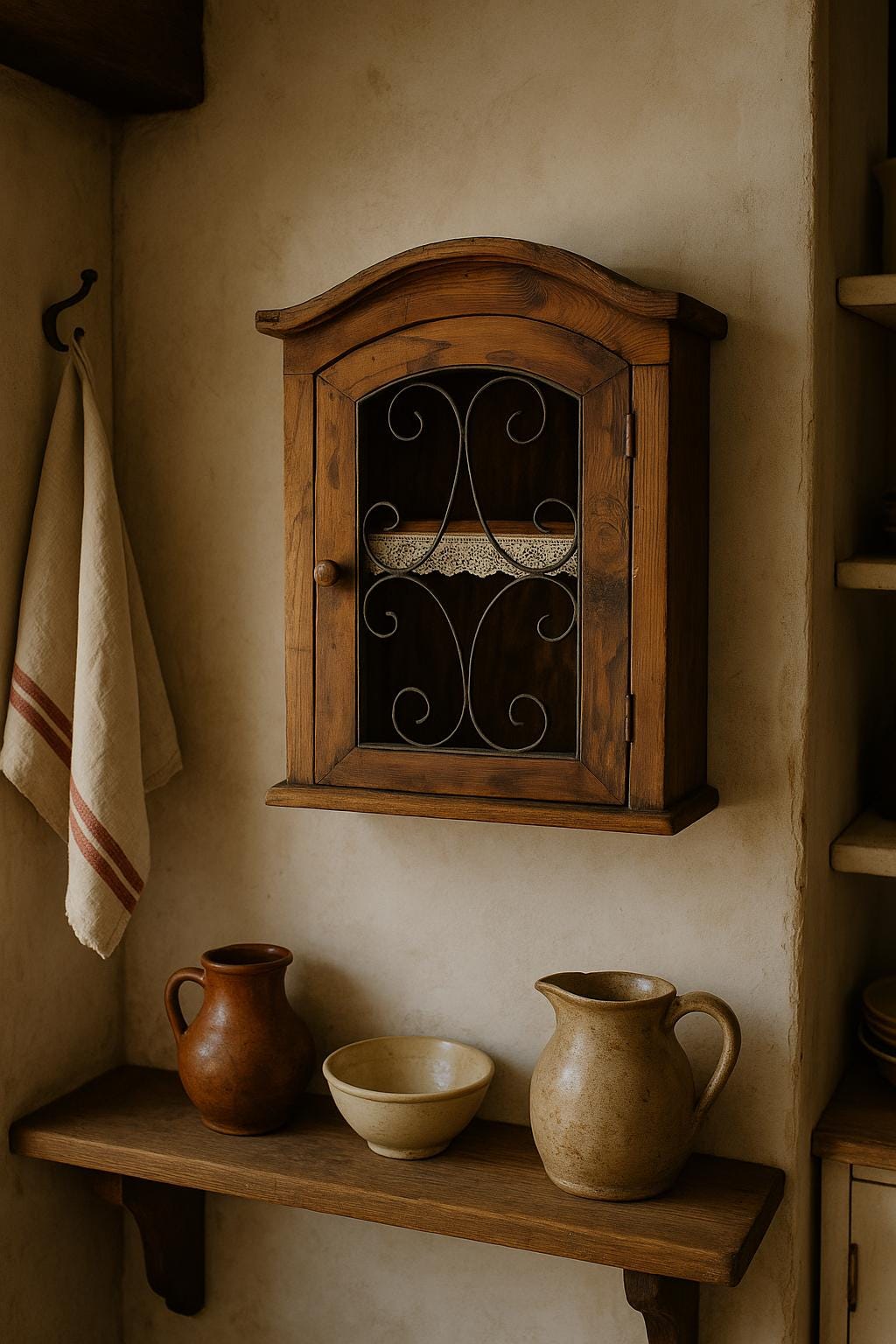 Antique Rustic Wood Wall Cabinet with Iron Door: Farmhouse Kitchen Storage mounted above wooden shelf with ceramic pitchers and bowl