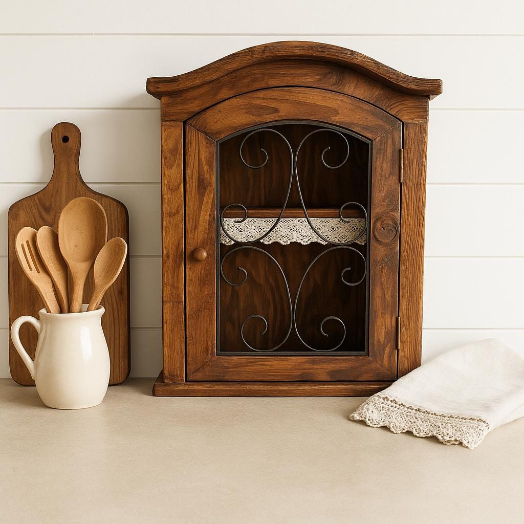 Antique Rustic Wood Wall Cabinet with Iron Door: Farmhouse Kitchen Storage with decorative ironwork and lace-trimmed shelf lining