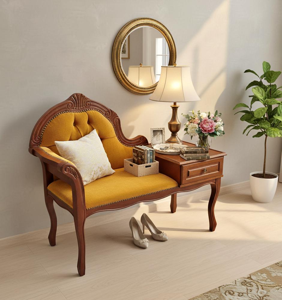 Vintage Gossip Bench with Drawer – Elegant Entryway Seat / Vanity Chair-Telefon bench in wood with mustard upholstery and decorative details.