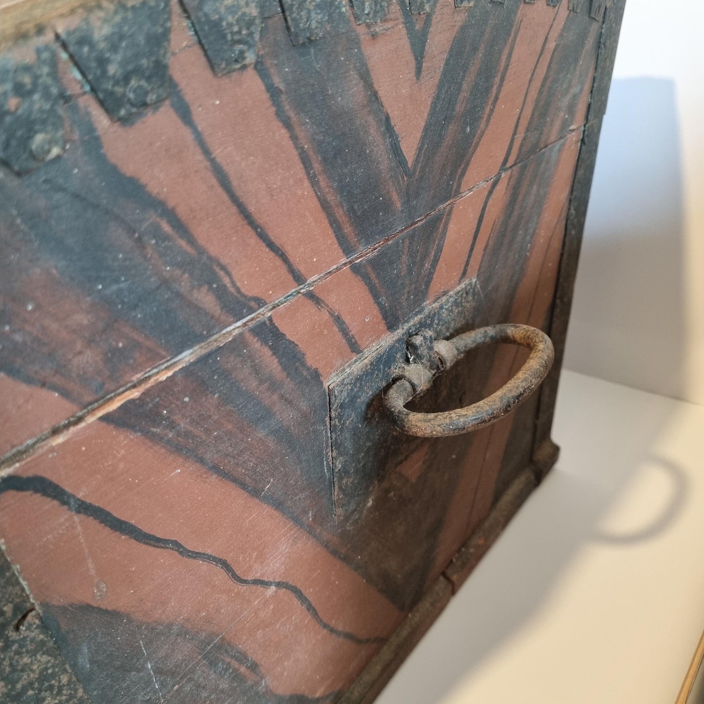 Antique Swedish Kurbits Chest: 1854 Dalarna Folk Art Painted Trunk showing metal ring handle and detailed folk art painting