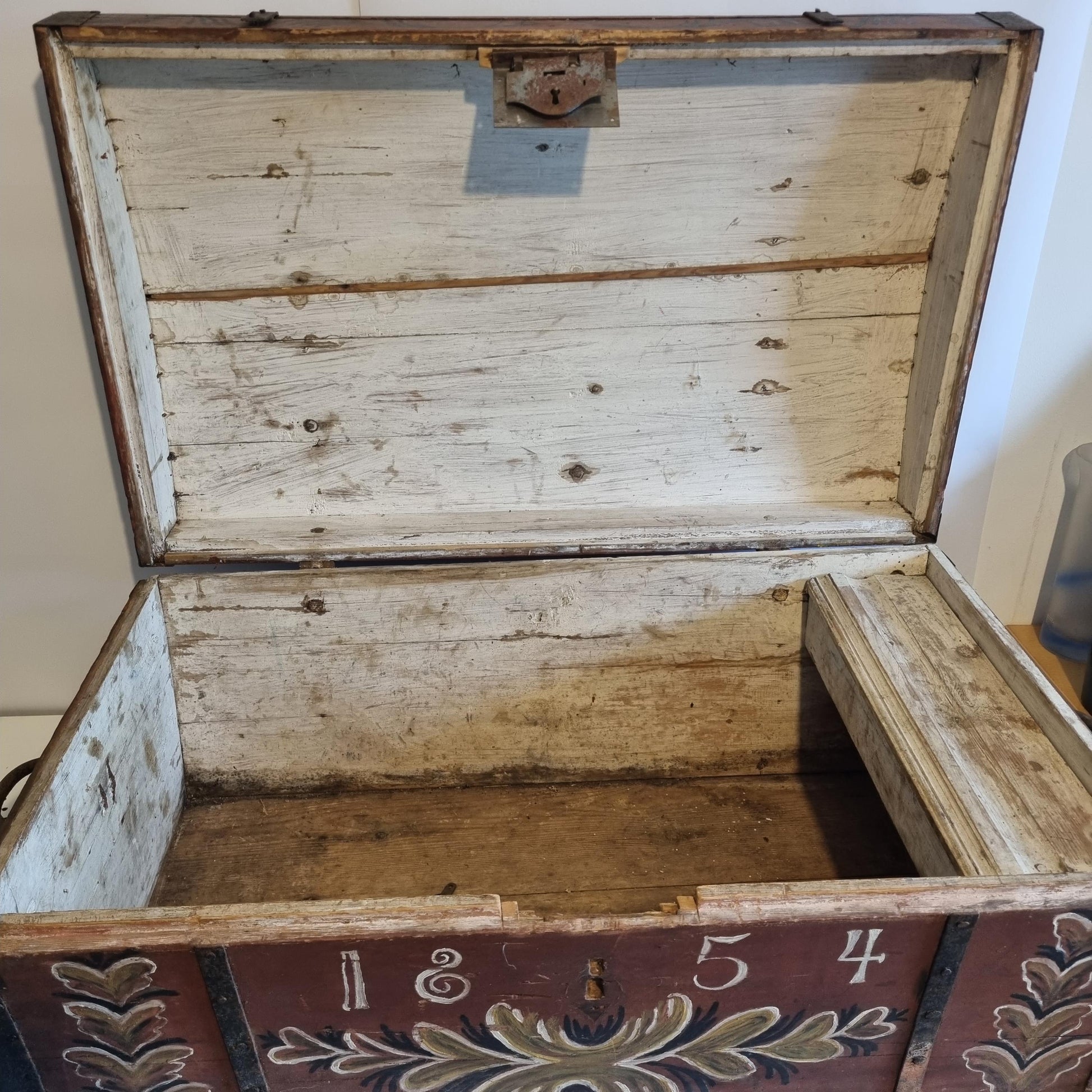Antique Swedish Kurbits Chest: 1854 Dalarna Folk Art Painted Trunk with open lid showing worn interior wood