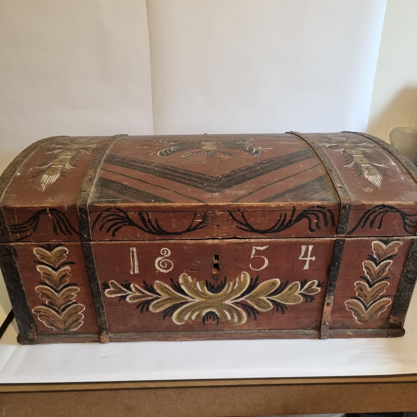 Antique Swedish Kurbits Chest: 1854 Dalarna Folk Art Painted Trunk with floral and folk motifs on wood